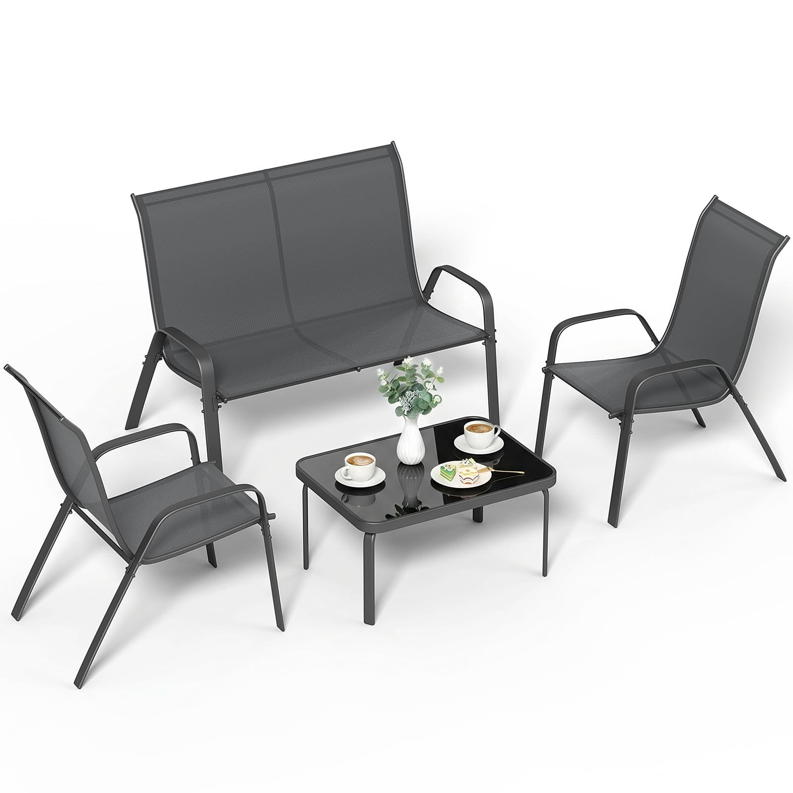 LIFERUN Salon de Jardin Extérieur 4 Pièces 4 Personnes,Ensemble de Mobilier | Textilène Résistant, Canapé 2 Places, 2 Fauteuils, 1 Table Basse, Ensemble de Terrasse pour Balcon, Extérieurs (Gris)