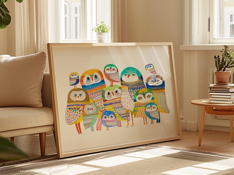 Nationcog Owl Gathering Art Print, Home Decor, Kids Decoration, Bedroom and Living Room, House Warming, Whimsical Illustration, Baby Nursery, Colorful