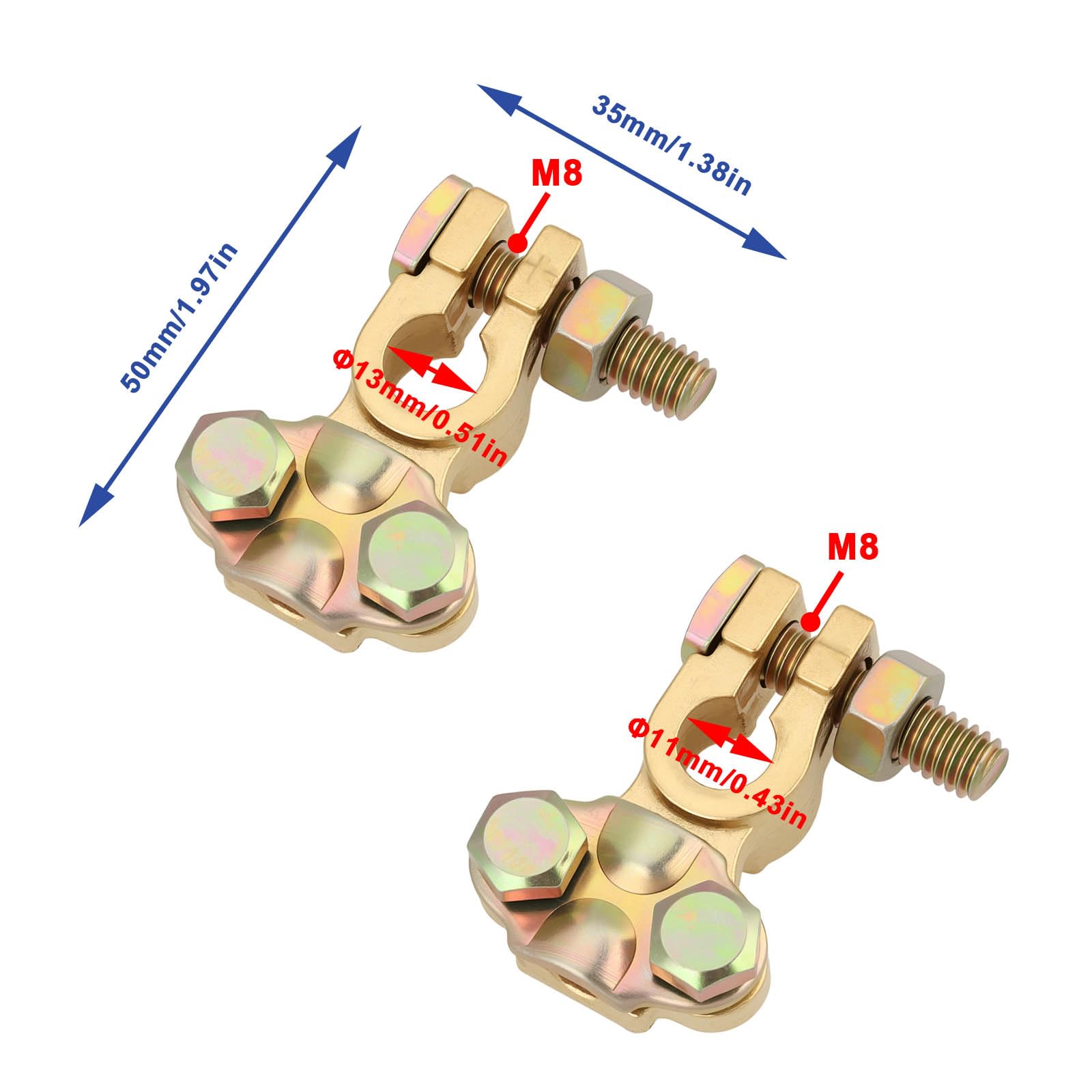 2 morsetti in rame positivo negativo per batteria, diametro interno 11 mm, 13 mm, per imbarcazioni e piccoli yacht