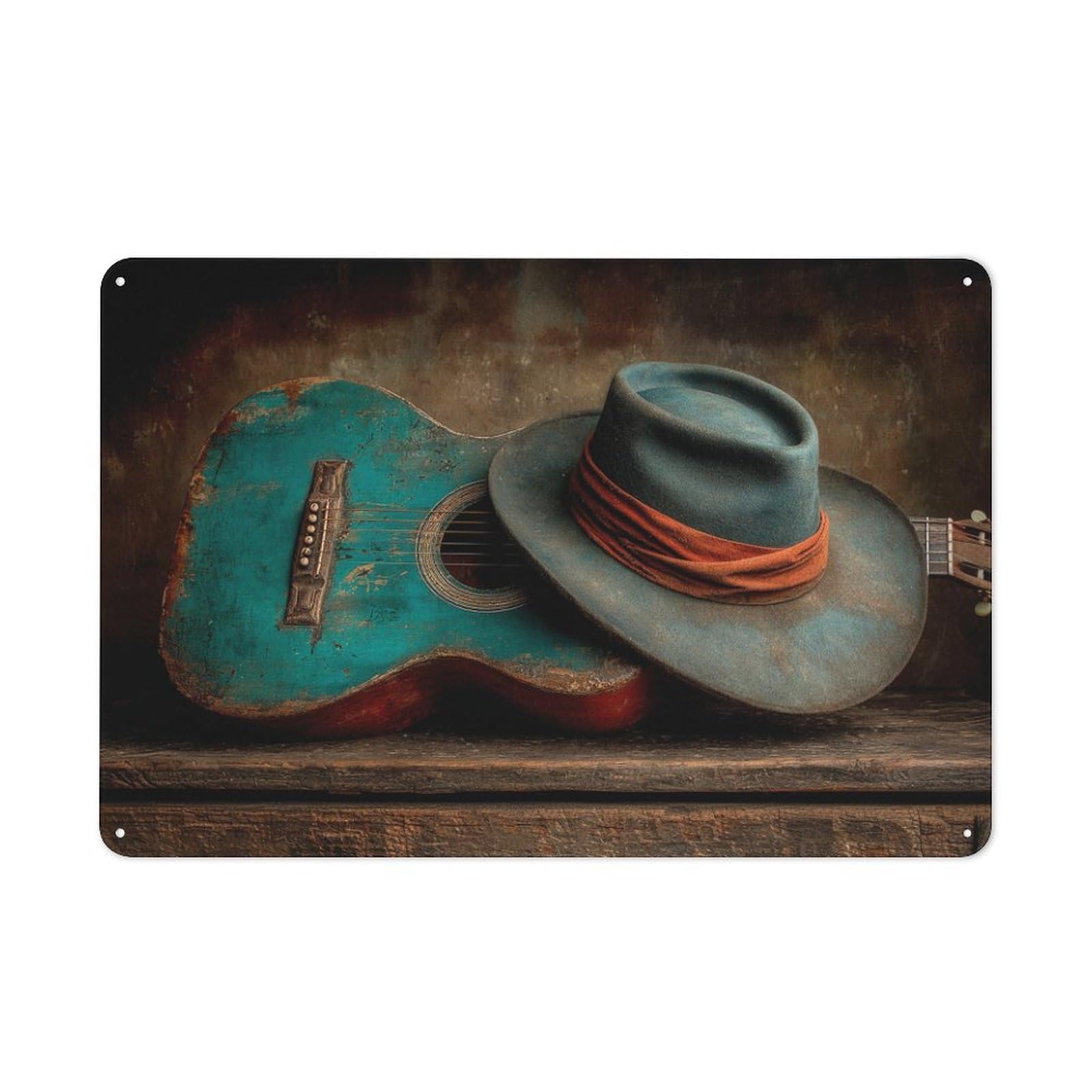 Jubonexis Rustic Western Country Music Cowboy Hat Guitar Tin Metal Signs Wall Art Decorations for Bar Pub Club Cafe Room Farmhouse White 20x30cm