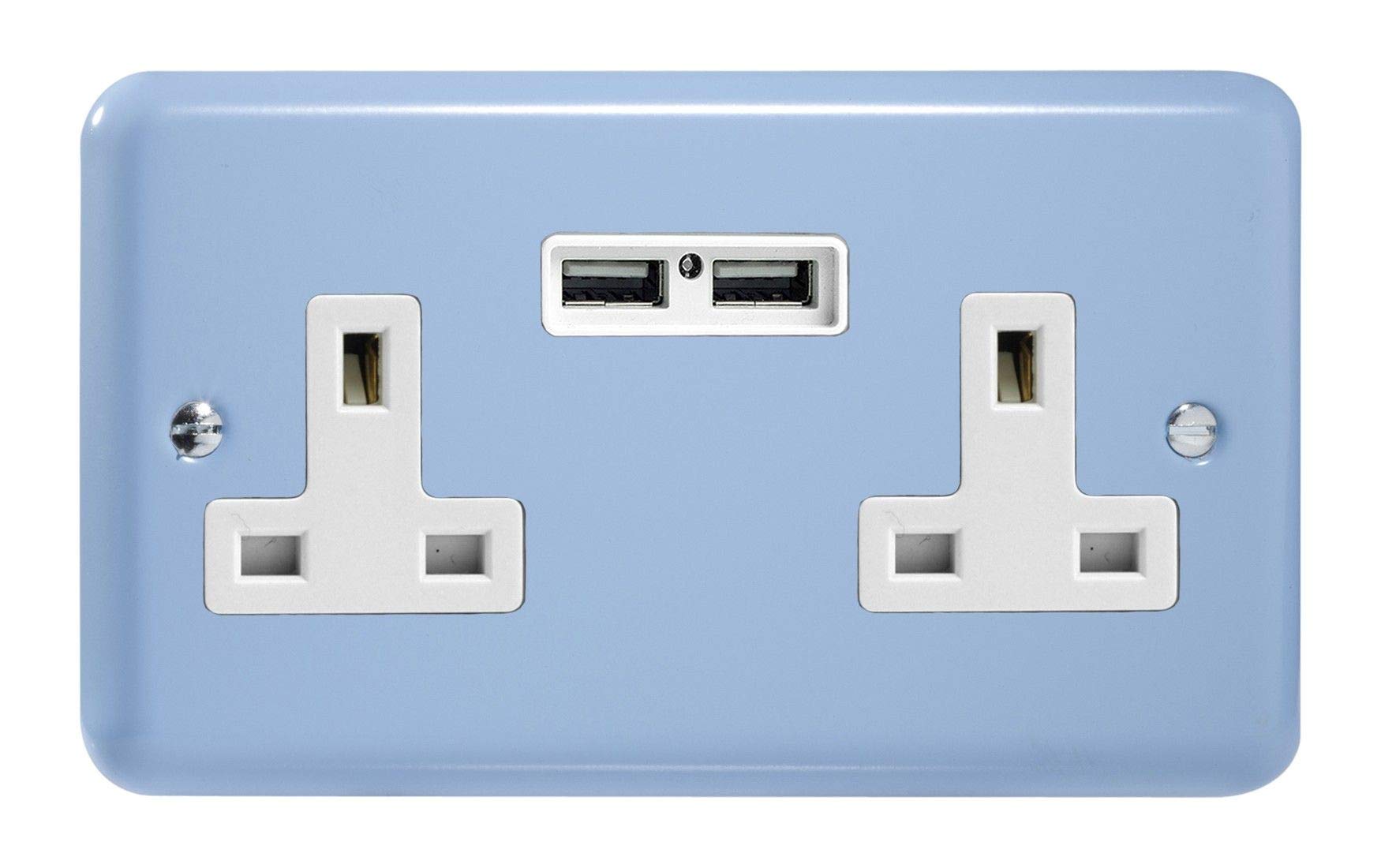 Varilight 2-Gang 13A Unswitched Socket + 2x5V DC 2100mA USB Charging Ports Duck Egg Blue