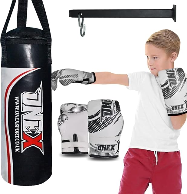 ONEX Kids Punch Bag Filled Set Junior Kick Boxing Gloves Heavy MMA Training Youth Gloves Punching Mitts Hanging Strap Muay Thai Martial Arts 1.5FT