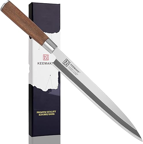 KEEMAKE Sashimi - Cuchillo japonés para sushi, cuchillo Yanagiba japonés VG10 de acero inoxidable, hoja biselada única, mango de palisandro
