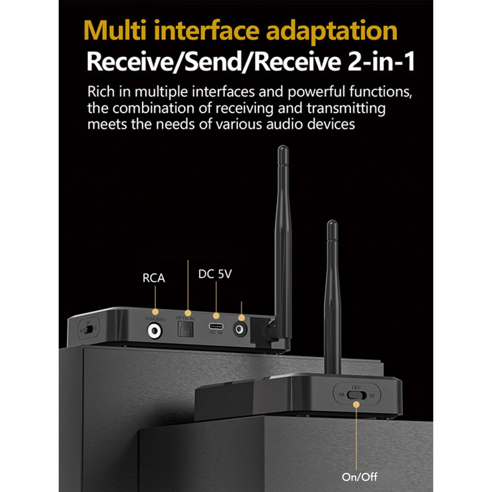 Adaptador de Audio Bluetooth 5.3, Receptor Transmisor Inalámbrico con Entradas USB AUX Opt Coax Antena Externa para Auriculares Bluetooth Altavoces