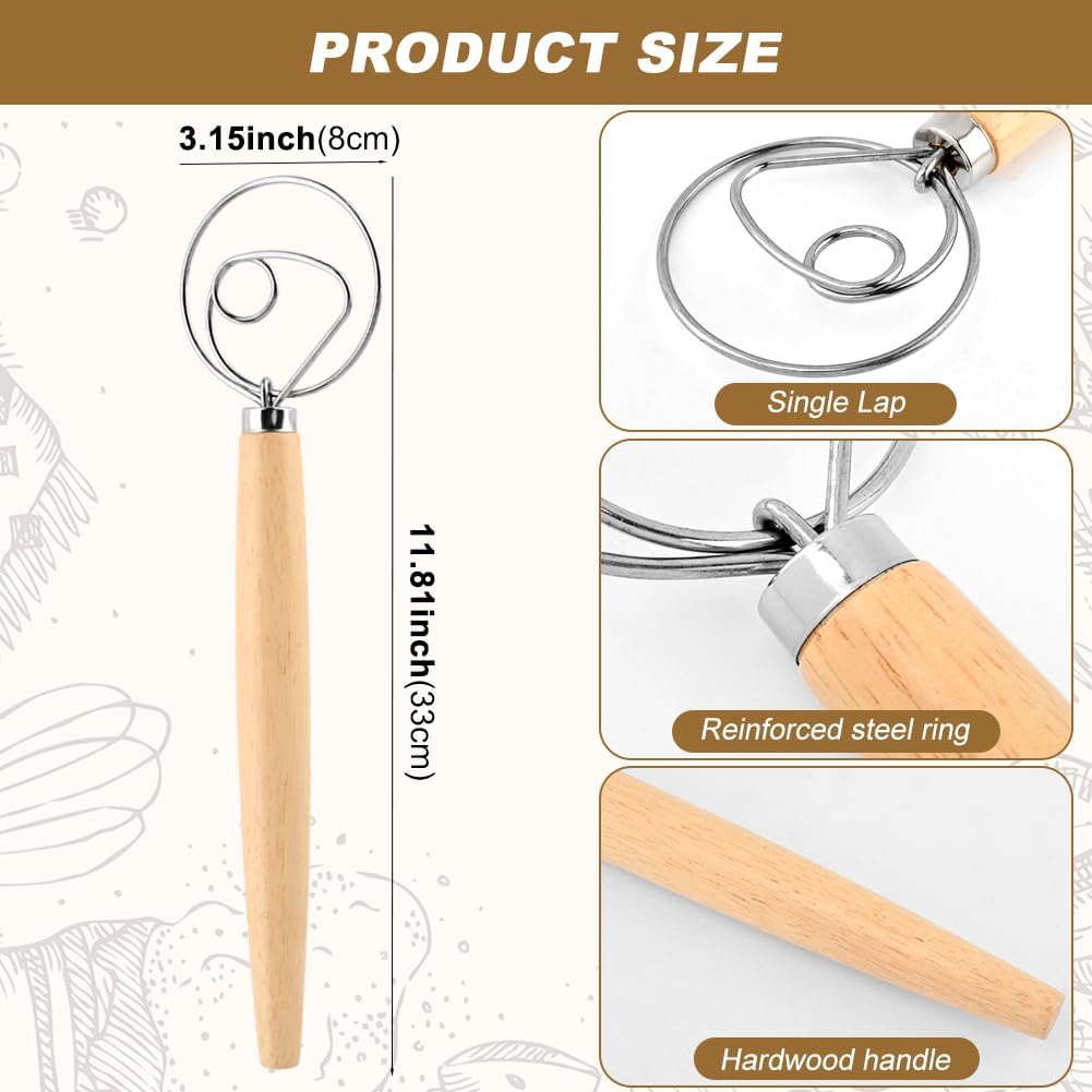 Danish Dough Whisk, 13 inch Sourdough Whisk Stainless Steel Bread Dough Mixer with Smooth Wooden Handle, Sourdough Stirring Stick Bread Making Tool(SIZE:Single Eye)