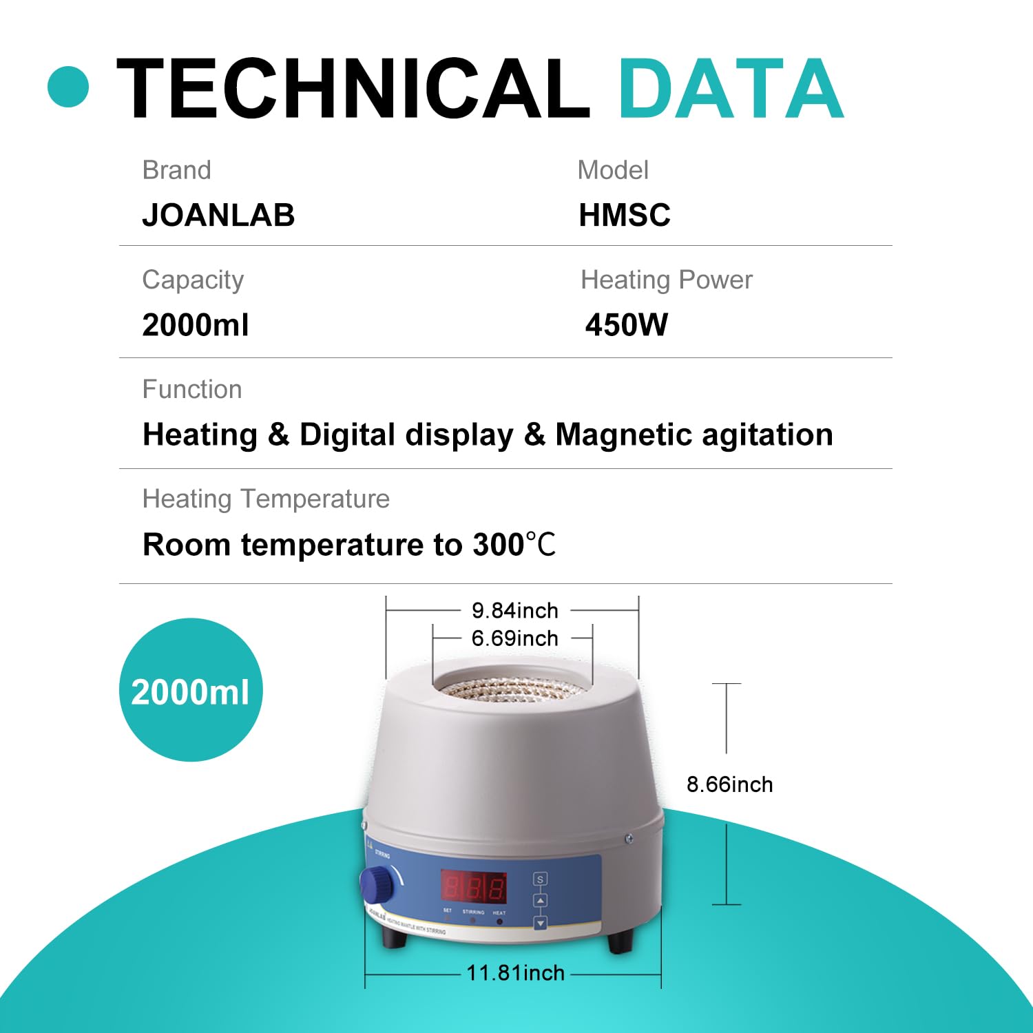 JOANLAB Electric 2000ml Heating Mantle with Magnetic Stirrer Digital Laboratory Heating Mantle Stirrer for Round Bottom Flask RT-300℃