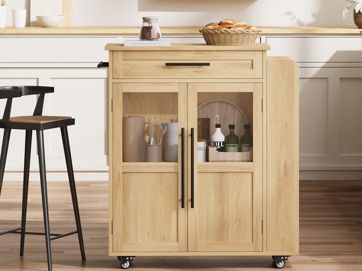 Îlot de Cuisine sur roulettes Style Farmhouse, Chariot de Rangement 60 cm - 2 Portes vitrées + 1 tiroir, étagères 3 Niveaux, Range-épices & Porte-Serviettes, Roues verrouillables - Bois