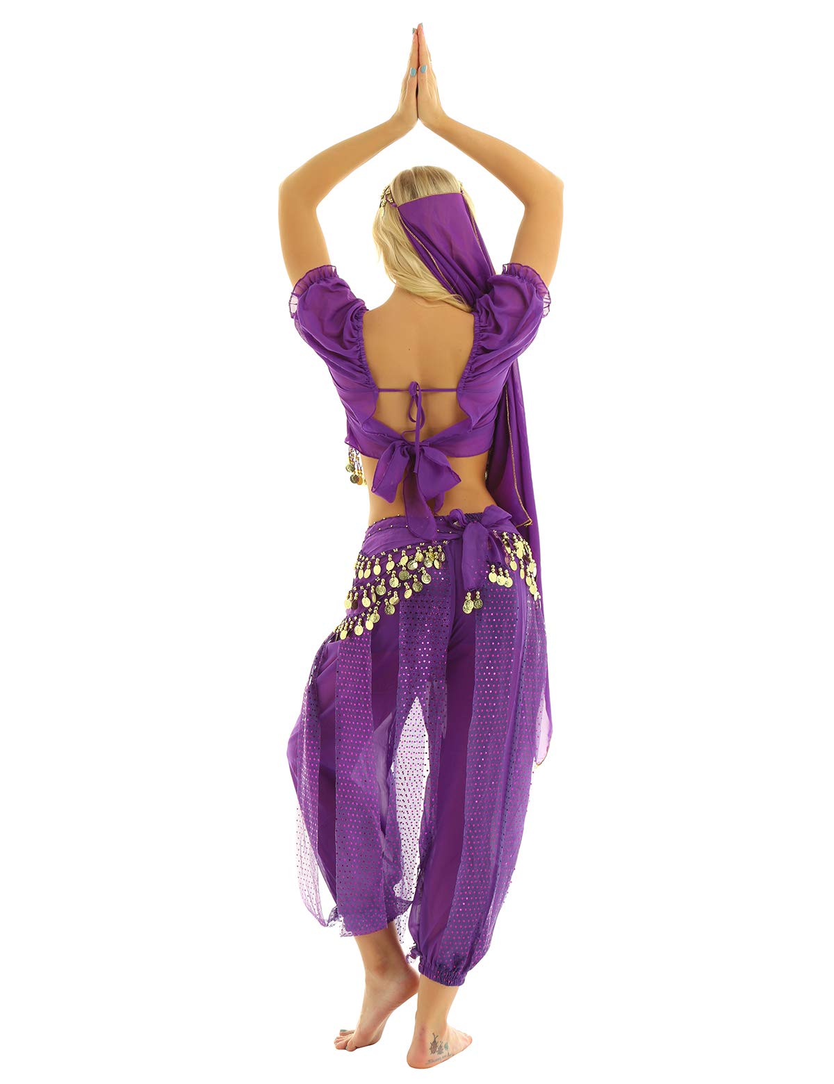 inhzoy Vestido Danza del Vientre para Mujer Disfraz de Princesa Árabe Traje de Baile India Lentejuelas Conjunto de Danza Oriental 4Pcs para Fiesta Actuación