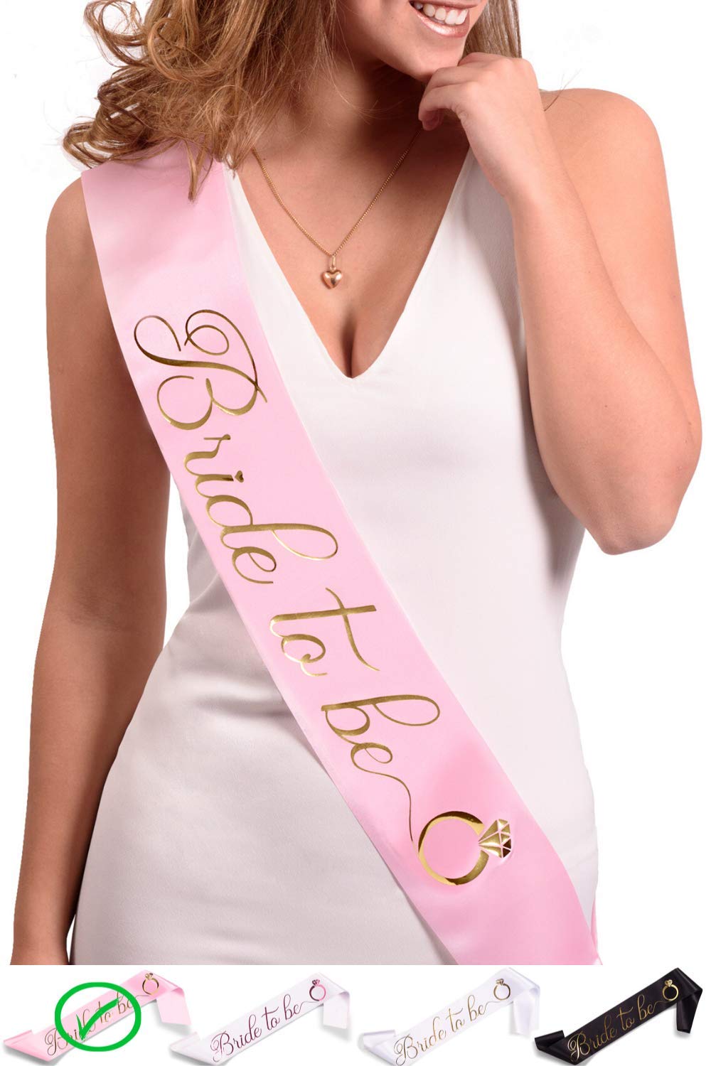 Bride to Be Sash - Bachelorette Party Shower Gift - Bridal Accessories - Wedding Gift Decorations Favors - Engagement Present (Pink/Gold)