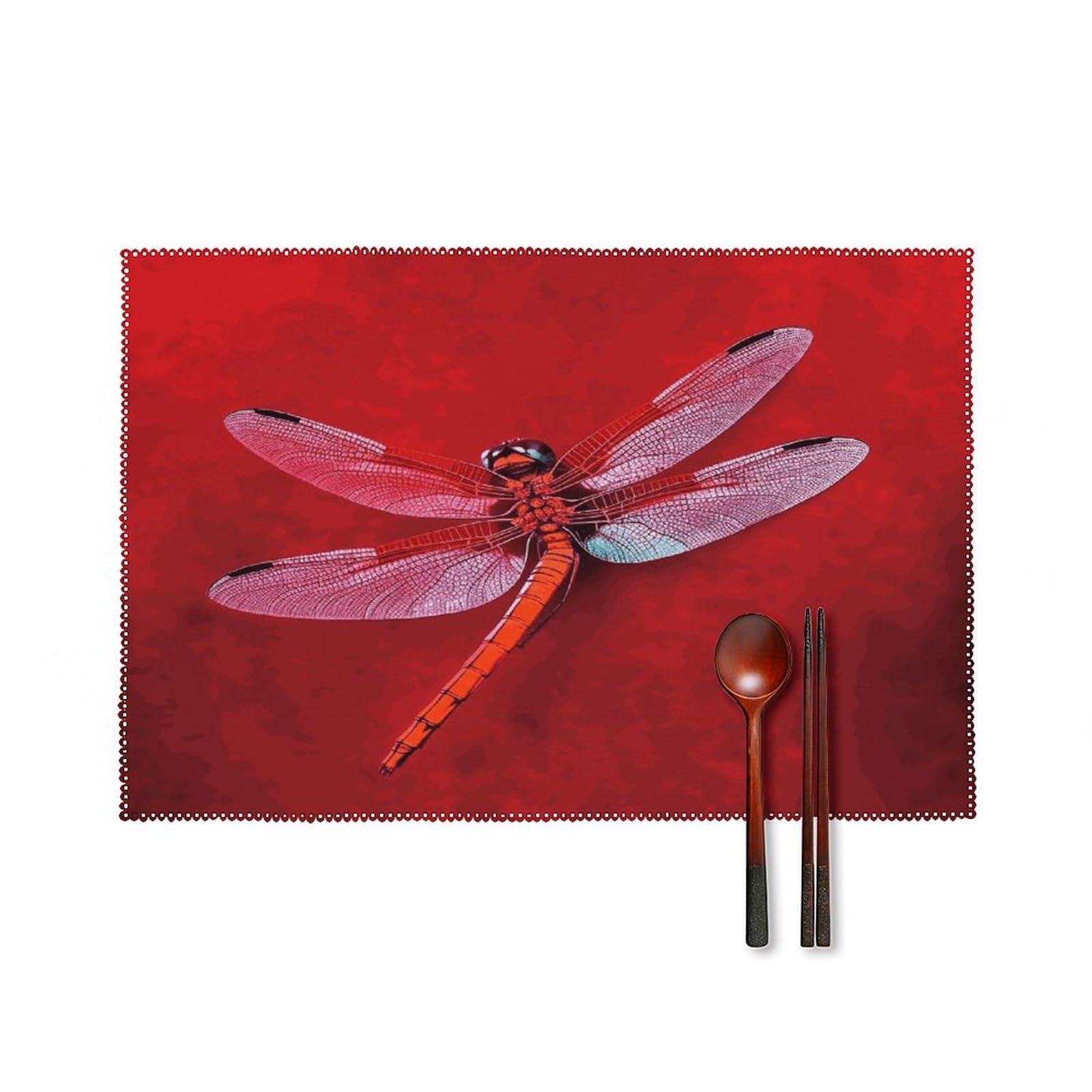 Fekiloot Style Dragonfly On Red Background Placemats Set Of 6,Table Mat