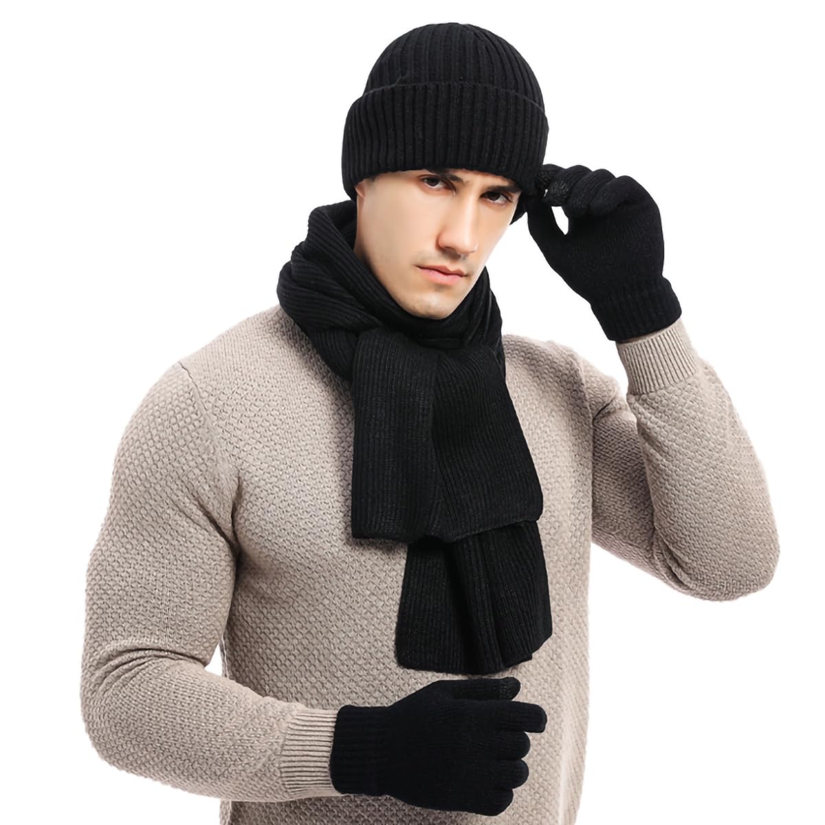 Irzaki Mens Winter Hat Scarf and Golves Set - Touch Screen Gloves - Knitted Hats - Thermal Long Scarf - Fleece Lined for Men and Women Outdoor Sports