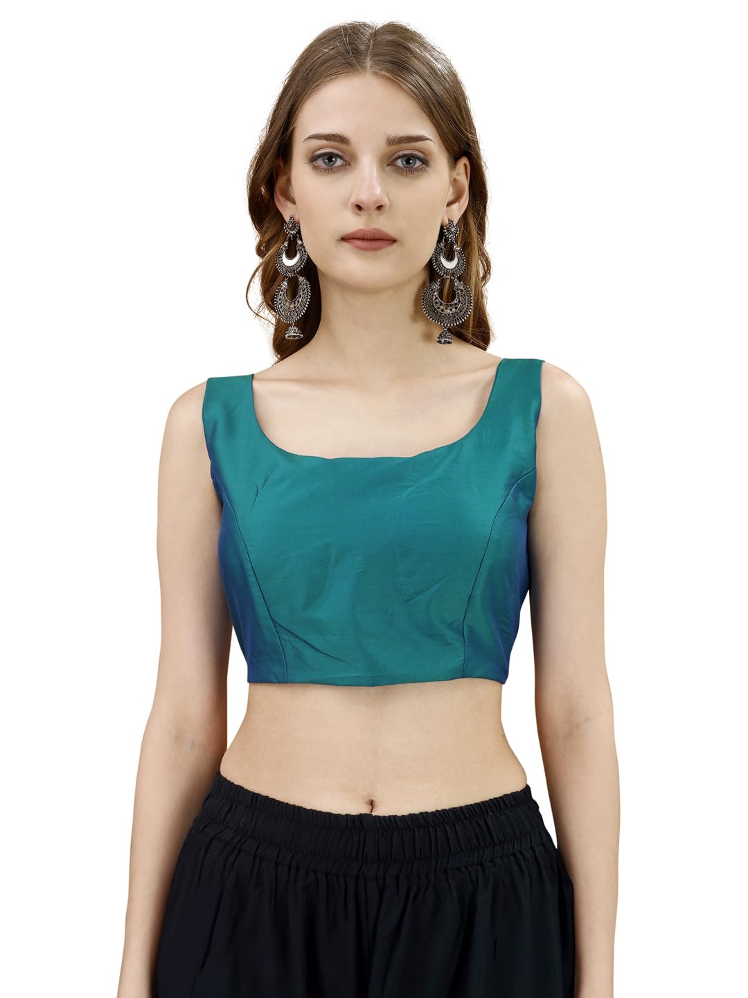 Womanista Women's Tafeta Solid Sleeveless Regular Fit Sequinned Blouse (Bls_55_Teal S)