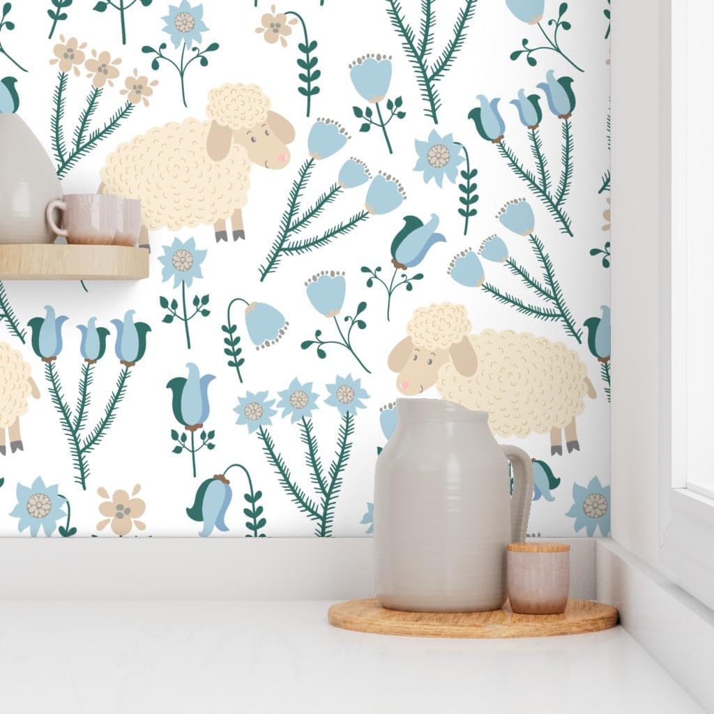 Peel & Stick Wallpaper 3ft x 2ft - Sheep Meadow Animal Farm Cute Garden Custom Removable Wallpaper by Spoonflower