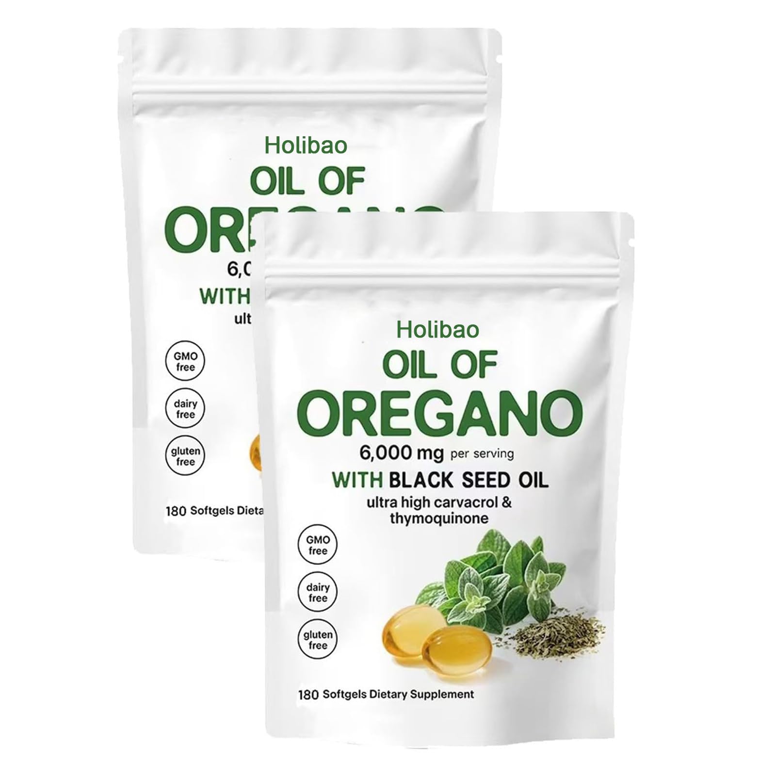 Huile de gélules d'origan, 2 en 1, 6000 mg d'huile d'origan avec huiles de graines noires, capsules de supplément d'origan, faciles à avaler pour améliorer le système immunitaire et la