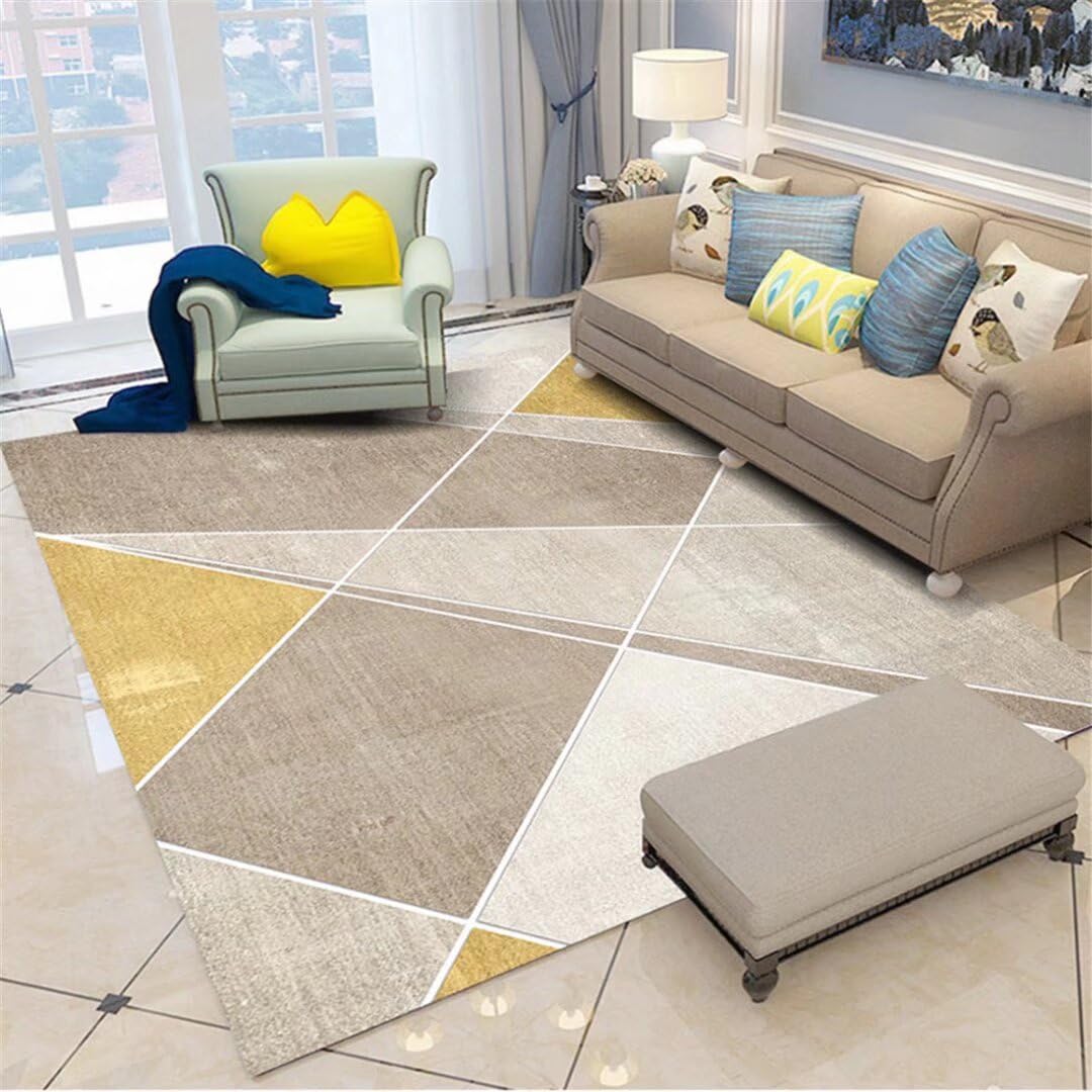 Alfombra para salon cuadros juveniles dormitorio moderna y resistente caqui amarillo 120x160cm