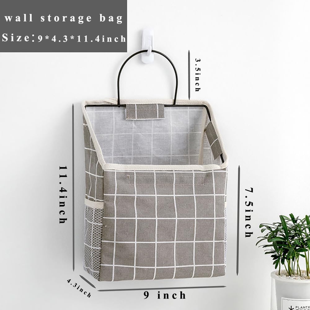 kamuavni Dorm Wall Organizer,Kitchen Shelves Wall Mounted,Closet Hanging Storage with Pocket,3 Pack Linen Cotton Organizer Box Containers 9 * 4.3 * 11.4inch (Gray+White+Plaids)