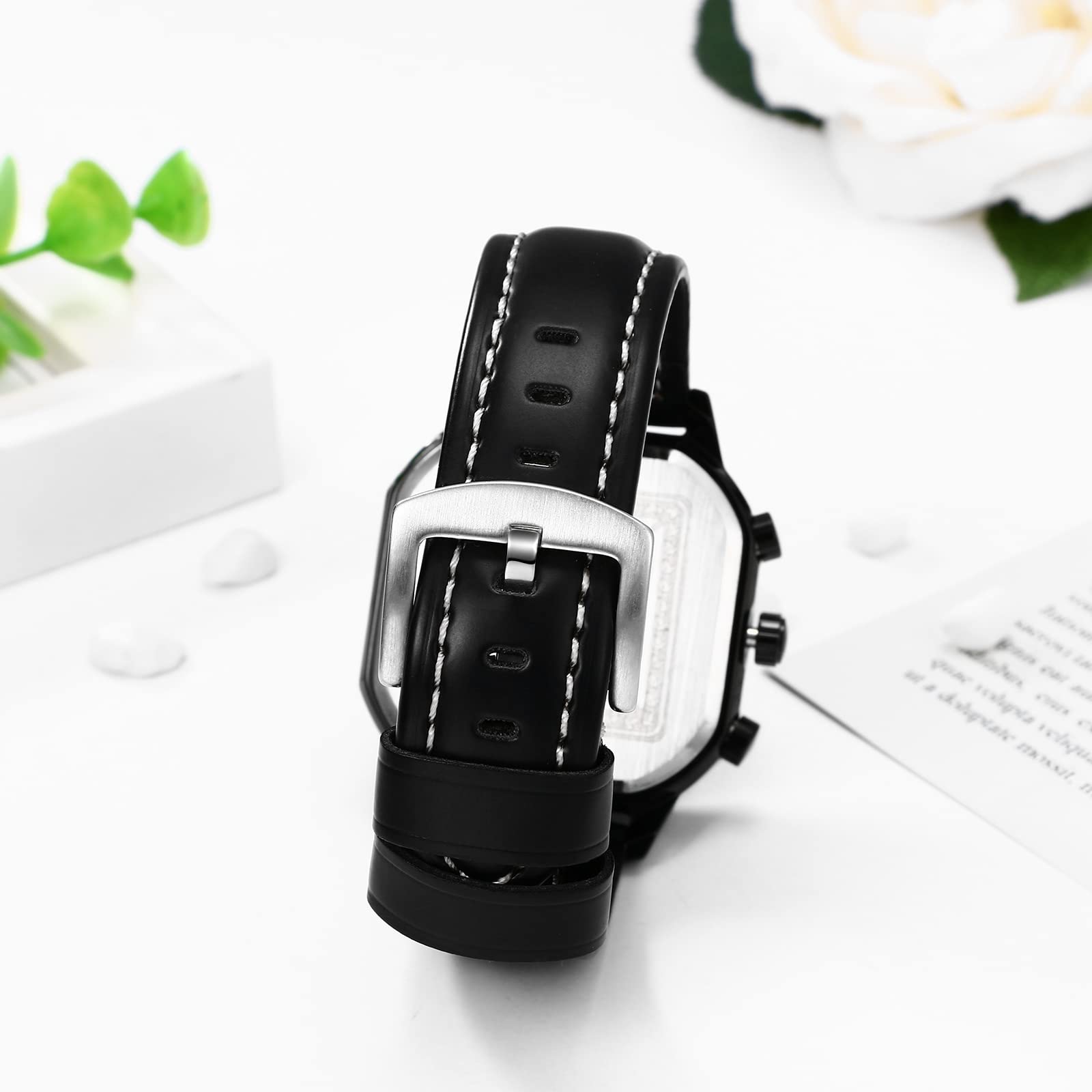 JewelryWe Zegarki dla mężczyzn kwadratowe analogowe świecące wskazówki kwarcowy kalendarz zegarek fajny skórzany pasek zegarek na rękę, 2 sztuki