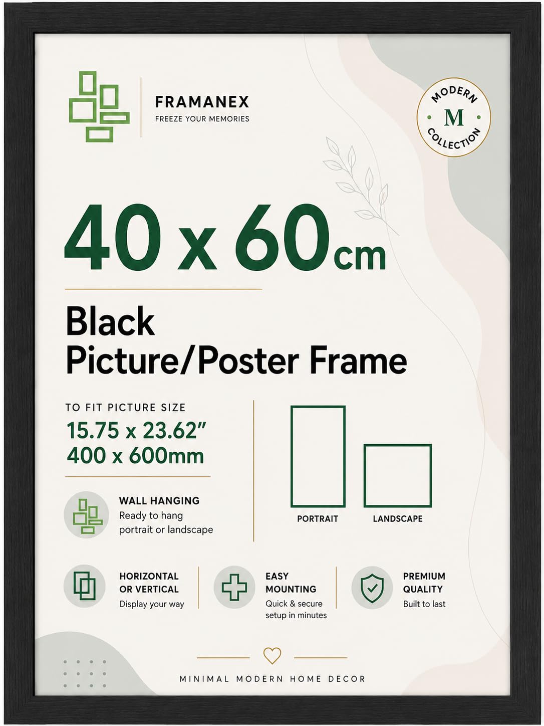 FX 40x60cm Picture Frame Engineered Wood and Plexiglass, 60x40cm Picture Frame Dual Orientation Landscape or Portrait, Black Picture Frame 400x600mm Wall Hanging Display Photos for Home, Office
