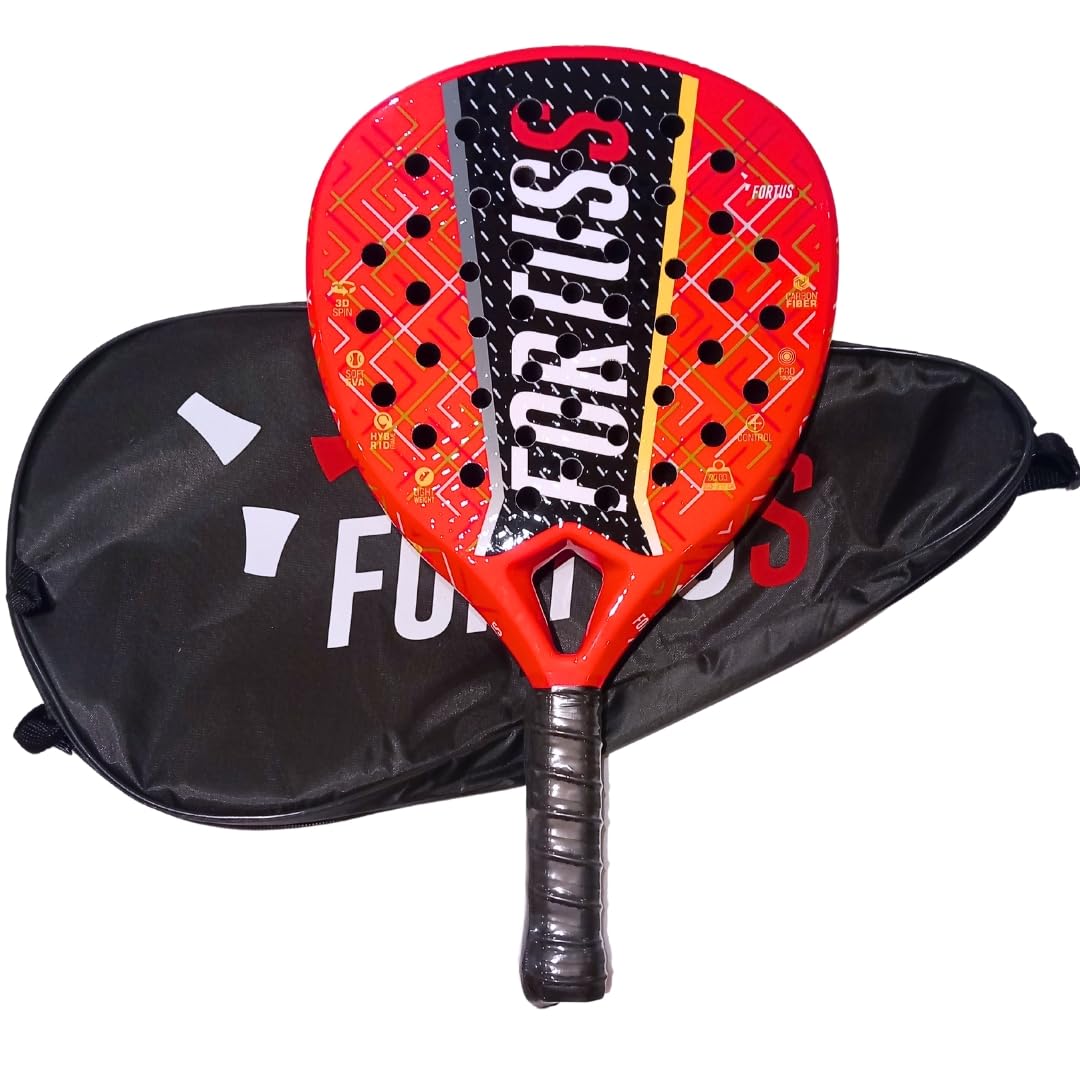 FORTUSS Padel Tennis Racket - Full Carbon Fiber - Glossy Shiny 3D Hexagon Surface with Light EVA Memory Flex Foam Core - Padel Racquet - Hybrid Teadrop Paddle Racket with Bag Included (Red)