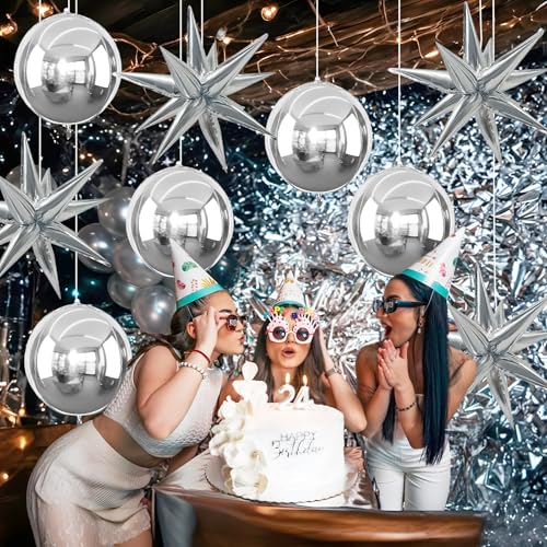 Image of 9 Pcs Silver Round Foil Balloons and Star Balloons 22 /18 4D Ball Balloon Metallic Silver Explosion Star Shaped Mylar Balloon for Graduation Birthday Wedding Anniversary Disco Prom Party Decor