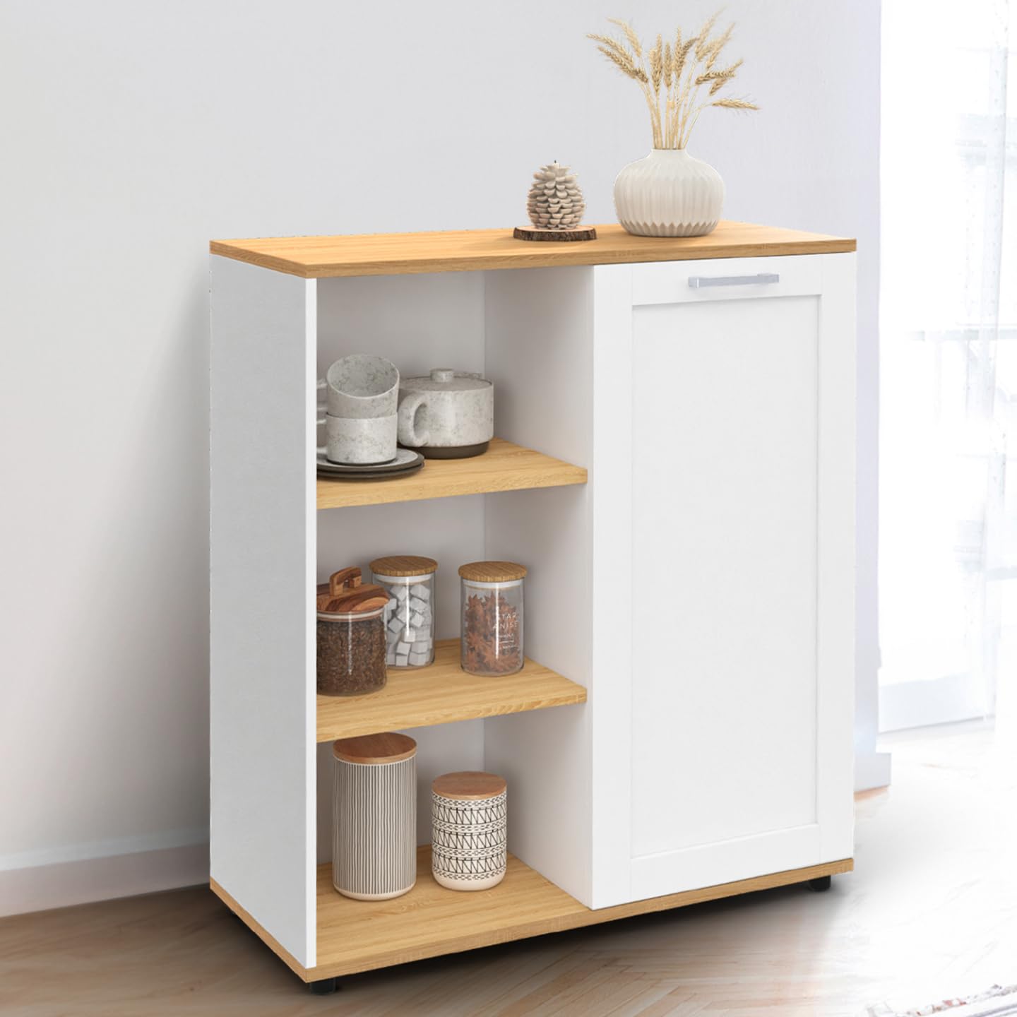 IDMarket - Buffet d'appoint 70 cm VITO 3 étagères et Placard Blanc et Plateau Bois