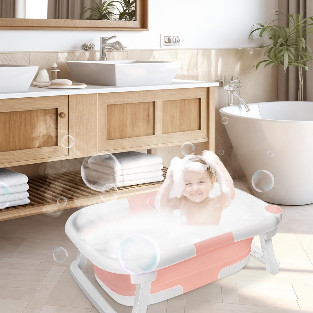 Bañera Bebe, bañera plegable para bebé, cojín para bebé, plegable, para recién nacidos y con una alfombra antideslizante y agujeros de drenaje (rosa)