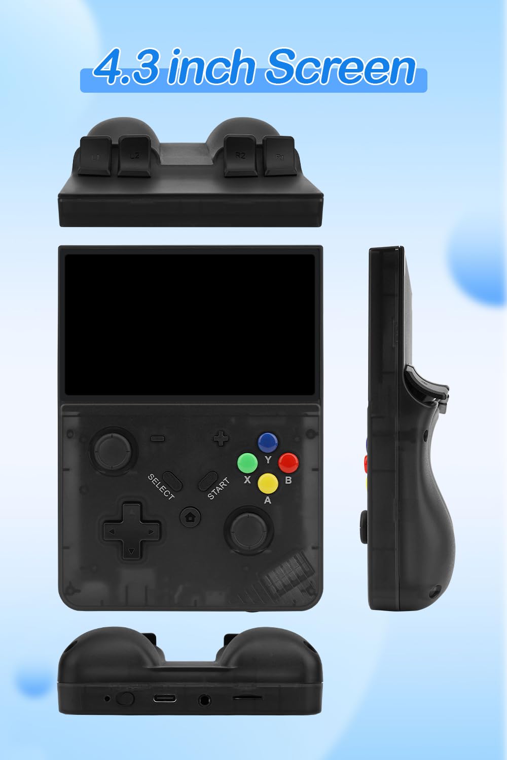 Console di gioco portatile retrò M18 con schermo IPS da 4,3 pollici, sistema operativo Linux, 64 G TF integrato, console per videogiochi retrò, portatile, tascabile, 18000+ giochi (nero traslucido)