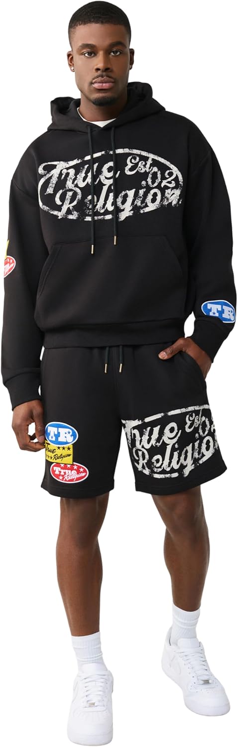 True Religion Men’s Logo Sweat Short – Elastic Waist, Logo Patch, Side Pockets