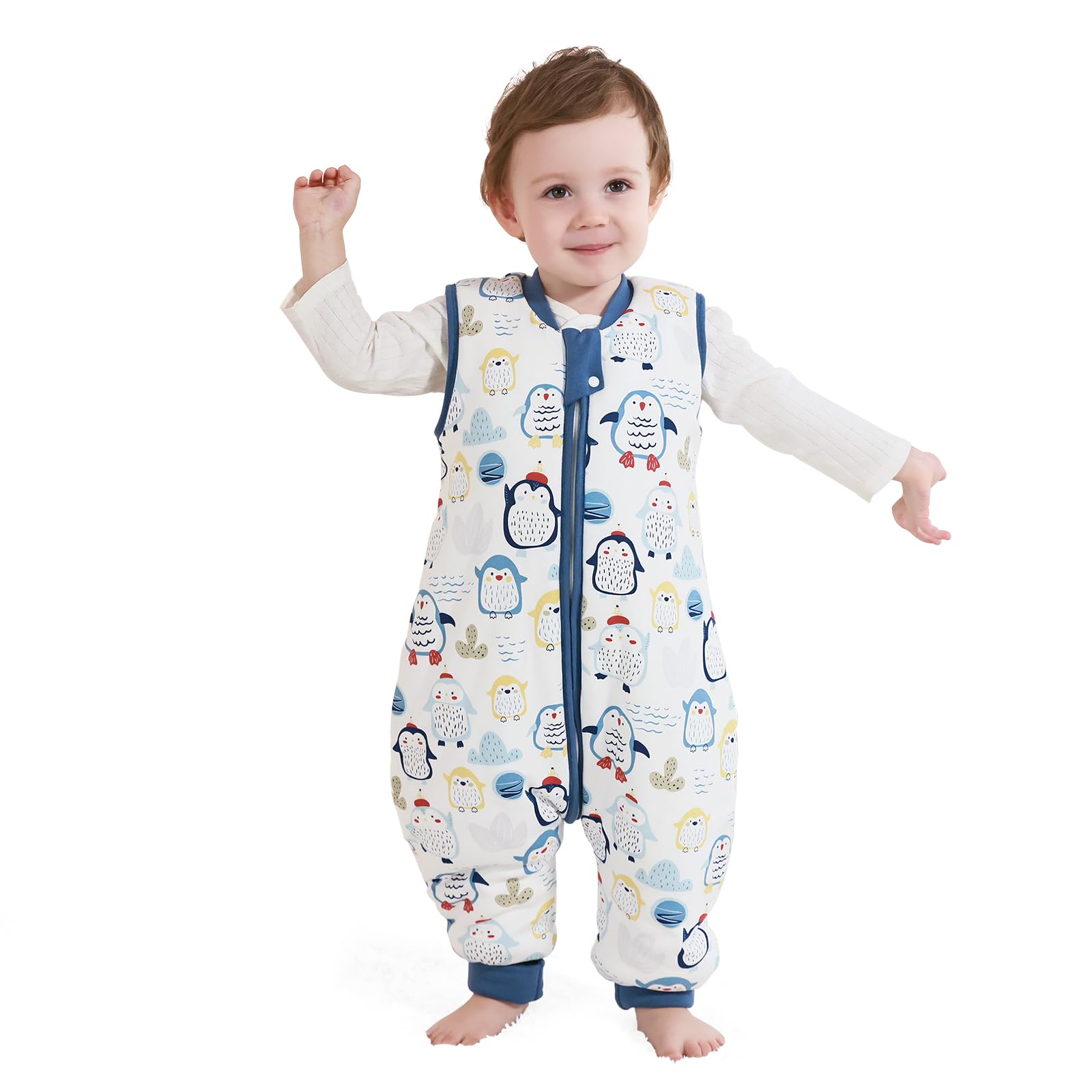 MIKAFEN Bambini Sacco nanna invernale con gambe 2,5 Tog,100% cotone,Sacco nanna con piedini,85-95 cm/18-36 mesi,Pinguino blu