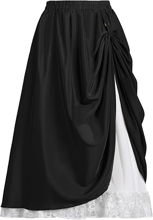 YESSA Womens Renaissance Flowy Fairy Skirt,Lace Layer Ren Faire Maxi Skirt,High Waist Medieval Pirate Skirt with Pocket