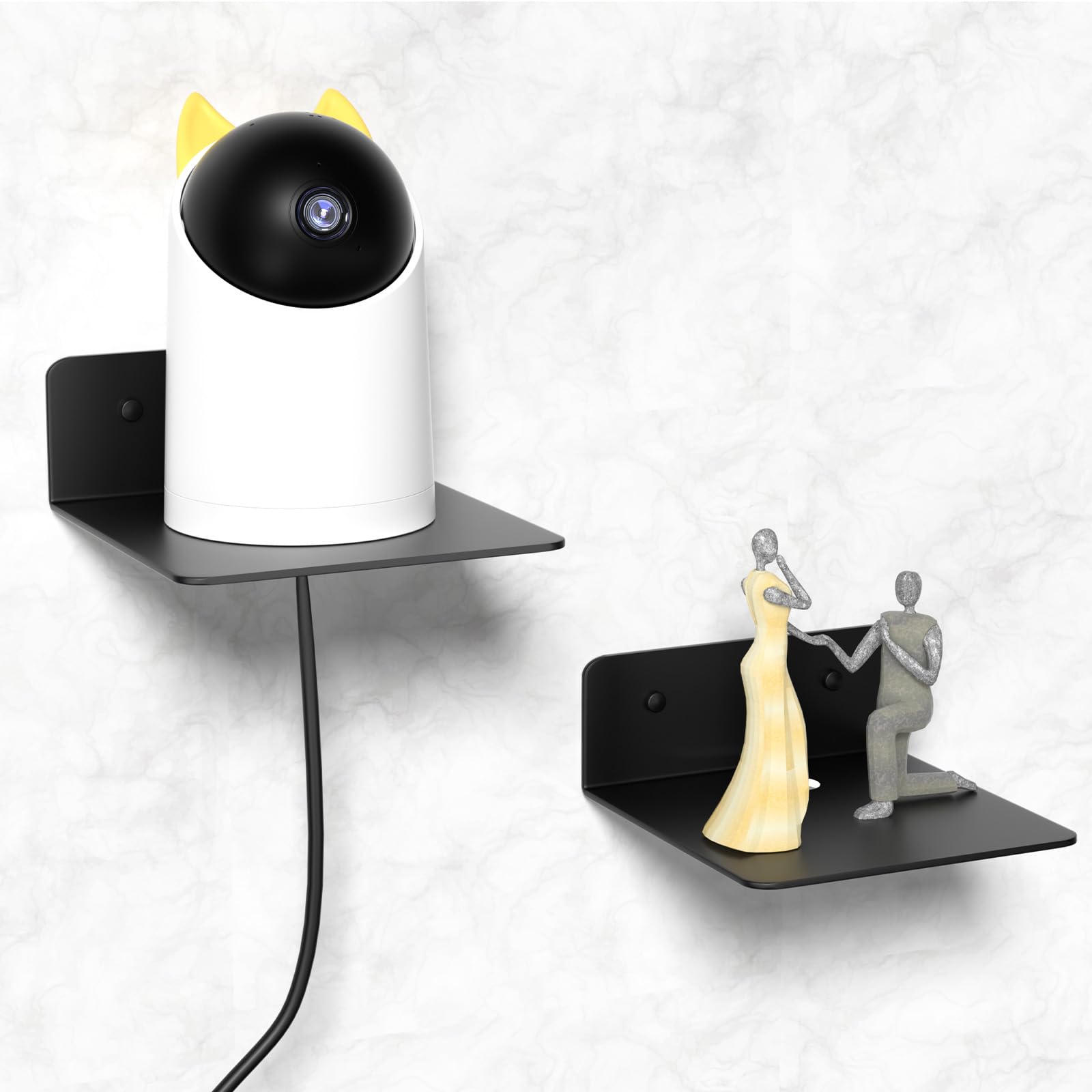 Wisfame Small Floating Shelves for Wall, 5 Inch Metal Wall Shelves - Adhesive Installation, Display Ledges Set of 2, Perfect for Echo, Cameras, Mini Decor, Funkos, Figurines (Black)