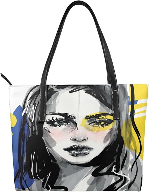 Amazon レディースハンドバッグ 革 人気 オシャレ 美しい少女の顔の肖像画 手描きのファッションイラスト モダンプリント 手提げバッグ レザー 女性用 通勤 旅行 ビジネス 誕生日 バレンタインデー プレゼント 母の日 ピアノ フォーマルバッグ