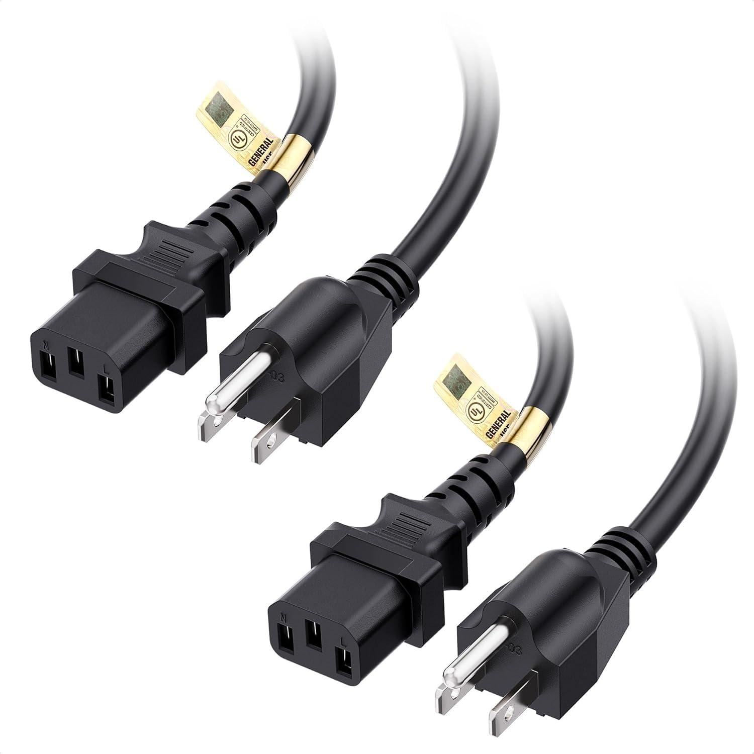 [UL Listed] Cable Matters 2-Pack 16 AWG 3 Prong Long Computer Power Cord - 15ft, 13A Monitor Power Cord Replacement, AC Cable, NEMA 5-15P to IEC C13, Black