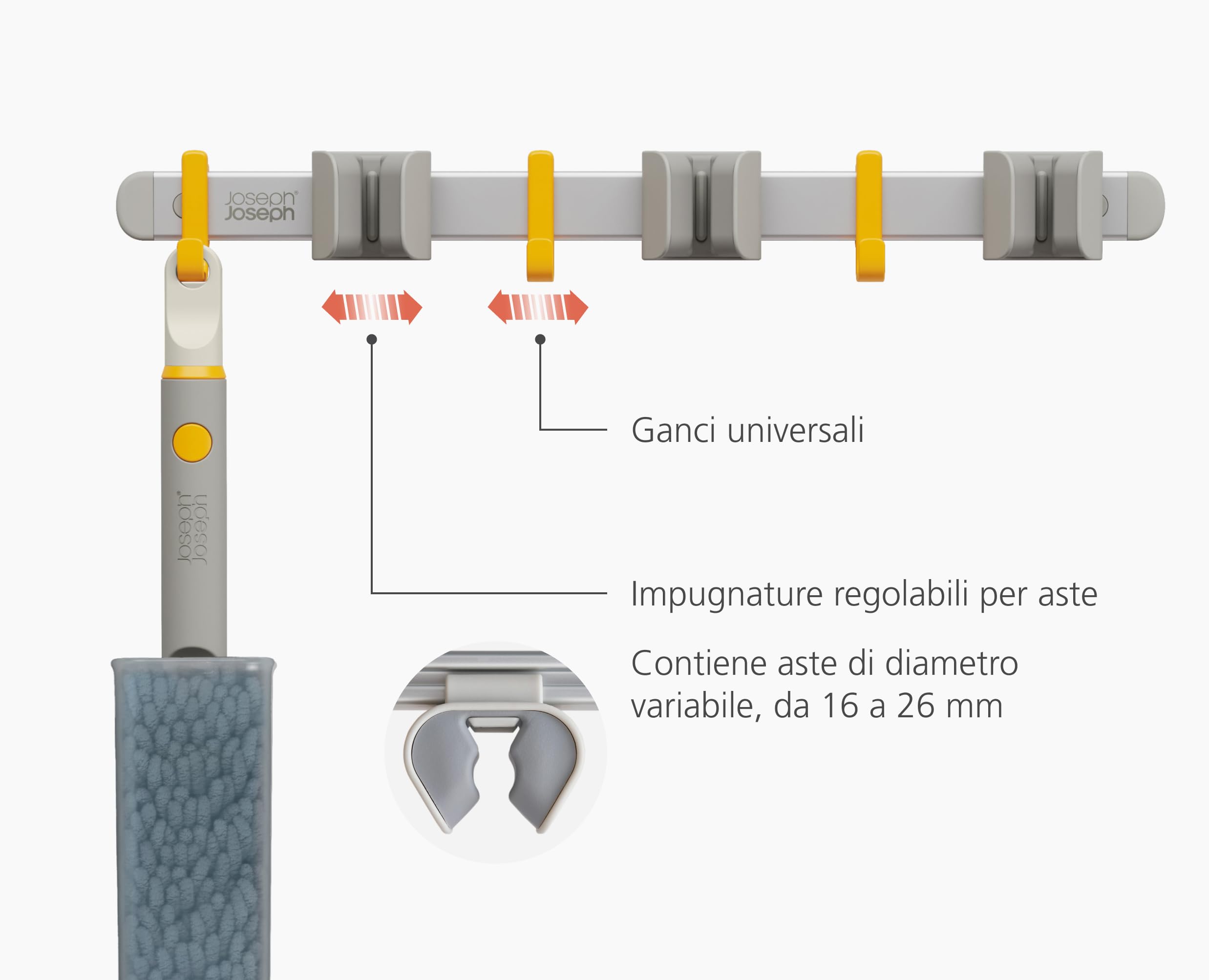 Joseph Joseph CleanTech Barra per Appendere Strumenti di Pulizia, Organizzatore da Parete per Prodotti, 3 Impugnature, Regolabile, 3 Ganci