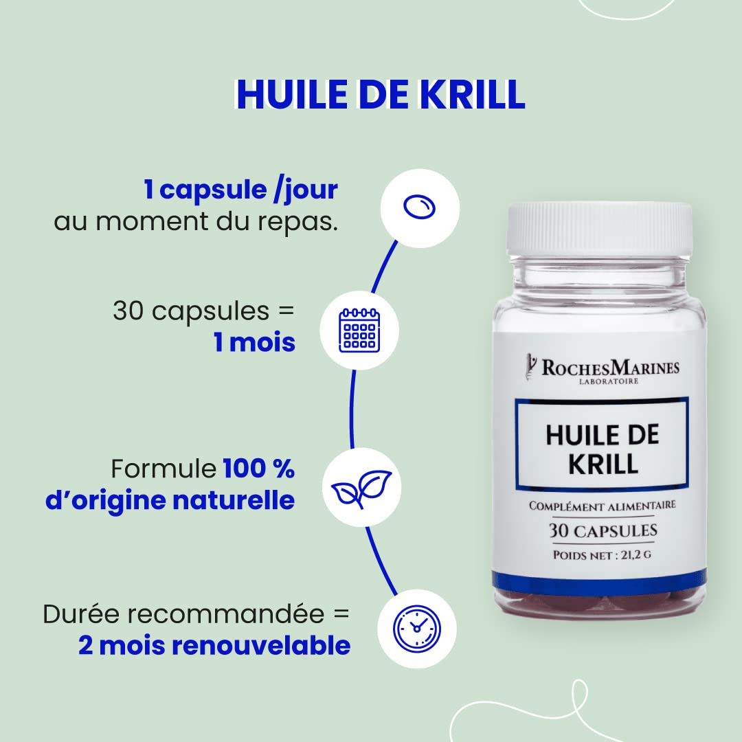 Roches Marines - Complément alimentaire Huile de Krill - Soutien cardio-vasculaire et cérébral - Apport d'oméga 3 sous forme phospholipides - 30 capsules - Développé en France