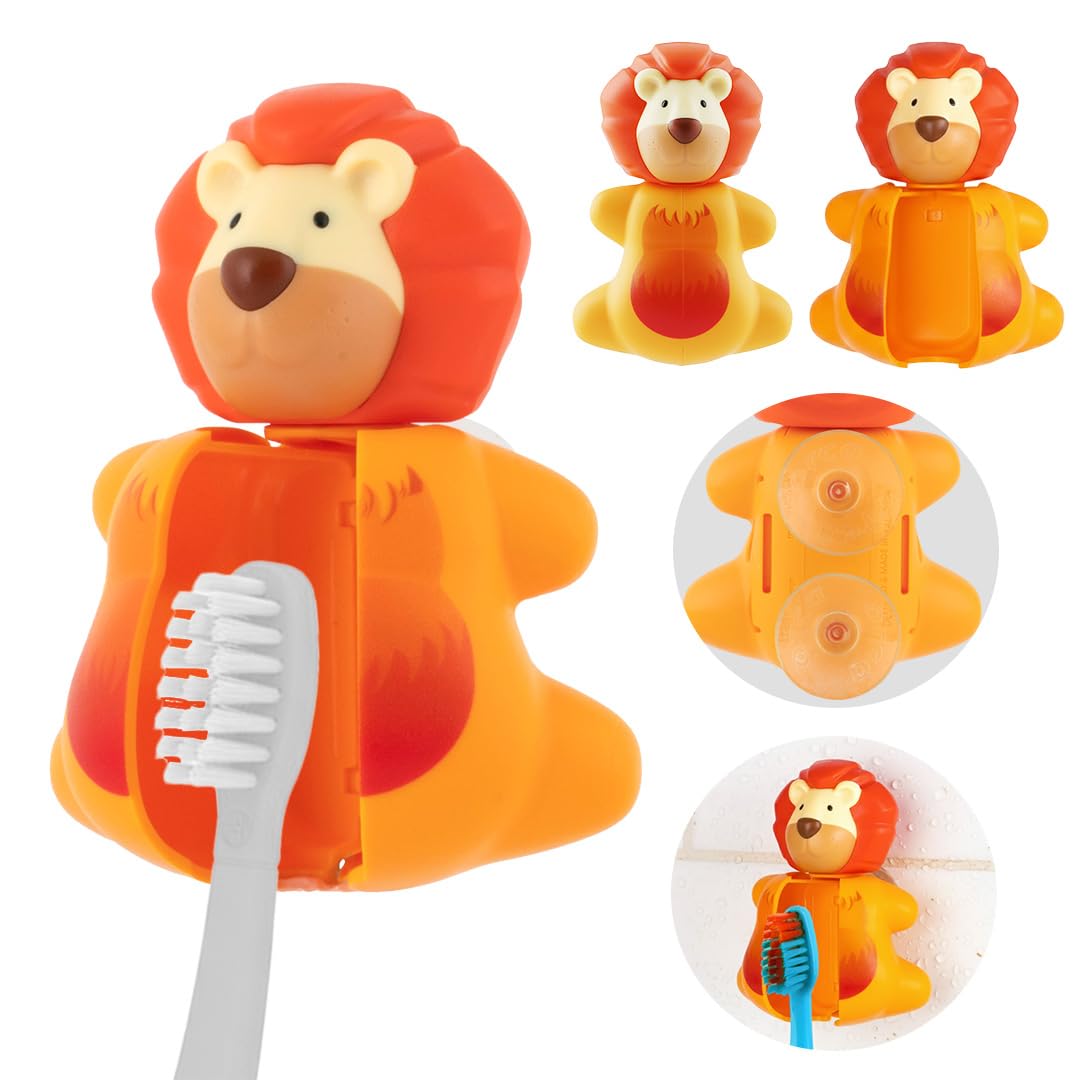 Flipper Hygienic Kids Toothbrush Holder with Suction Cups, Patented Design, One Touch Open & Close, For Home or Travel, Made in Malaysia, Fun Animal Lion, 3Y+