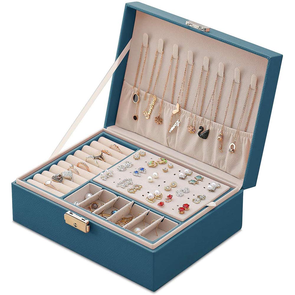 Mtianxy Schmuckkästchen, Damen Doppelschicht PU-Leder Aufbewahrungskoffer für Ringe Ohrringe Armbänder Halsketten Schmuck Veranstalter Geschenkbox für Mädchen Frauen