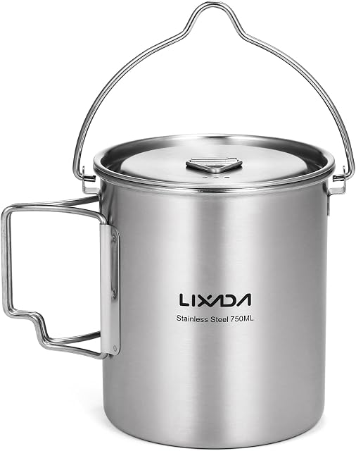 Lixada Camping Water Cup with Foldable Handles and Lid 750ml Stainless Steel Mug Hanging Pot for Camping Hiking Backpacking Picnic