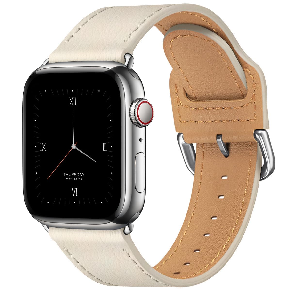 POWER PRIMACYPOWER PRIMACY Leather Bands Compatible with Apple Watch Band 49mm 46mm 45mm 44mm 42mm-Series 3 2 1,Genuine Leather Strap Compatible for Women Men iWatch Ultra SE Series 10 9 8 7 6 5 4(Ivory white/Silve)