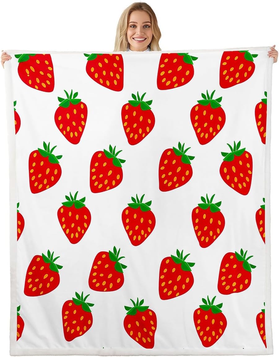 Girls Strawberry Fleece Throw Blanket Tropical Fruit Plush Blanket Kids Boys Sweet Strawberry Sherpa Blanket Cute Red Strawberries Fuzzy Blanket for Sofa Bed Couch, White Room Decor Throw 50x60 Inch