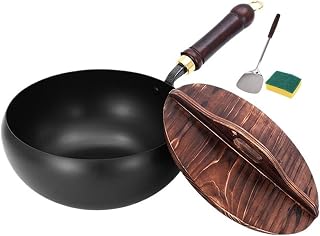 THUCHENYUC Sartén De Hierro Sin Revestimiento, Sartén Japonesa Suntuup Antiadherente Forjada A Mano Sin Revestimiento con Tapa For Cocinar A Gas Saltear Y Cocinar con Espátula(24CM-Smooth)