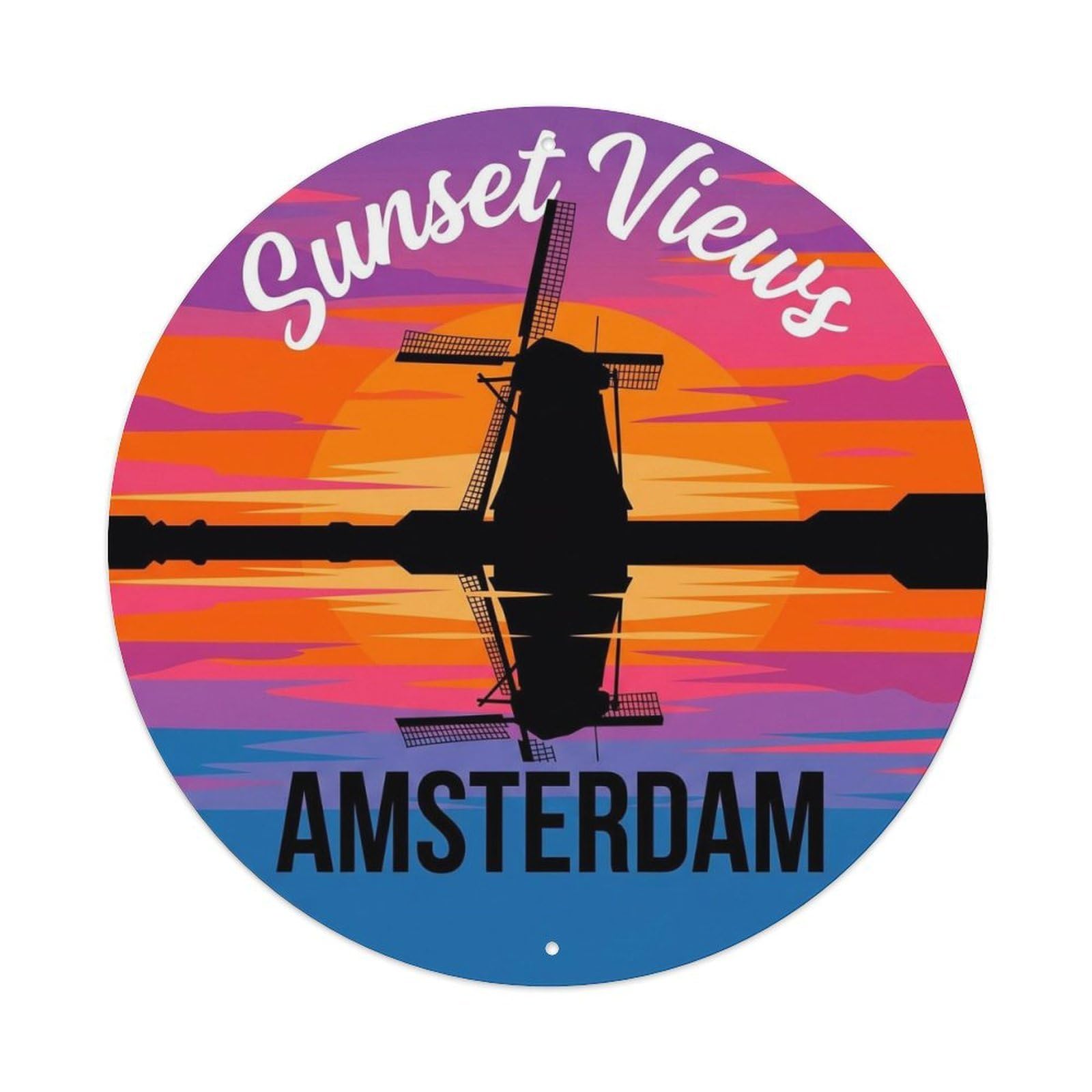 Amsterdam Windmill Sunset Vintage Dutch Travel Landscape Metal Tin Sign Plaque Wall Decor for Cafe, Man Cave, Club Bar, Office, Home Garden Round Metal Poster 8x8Inch