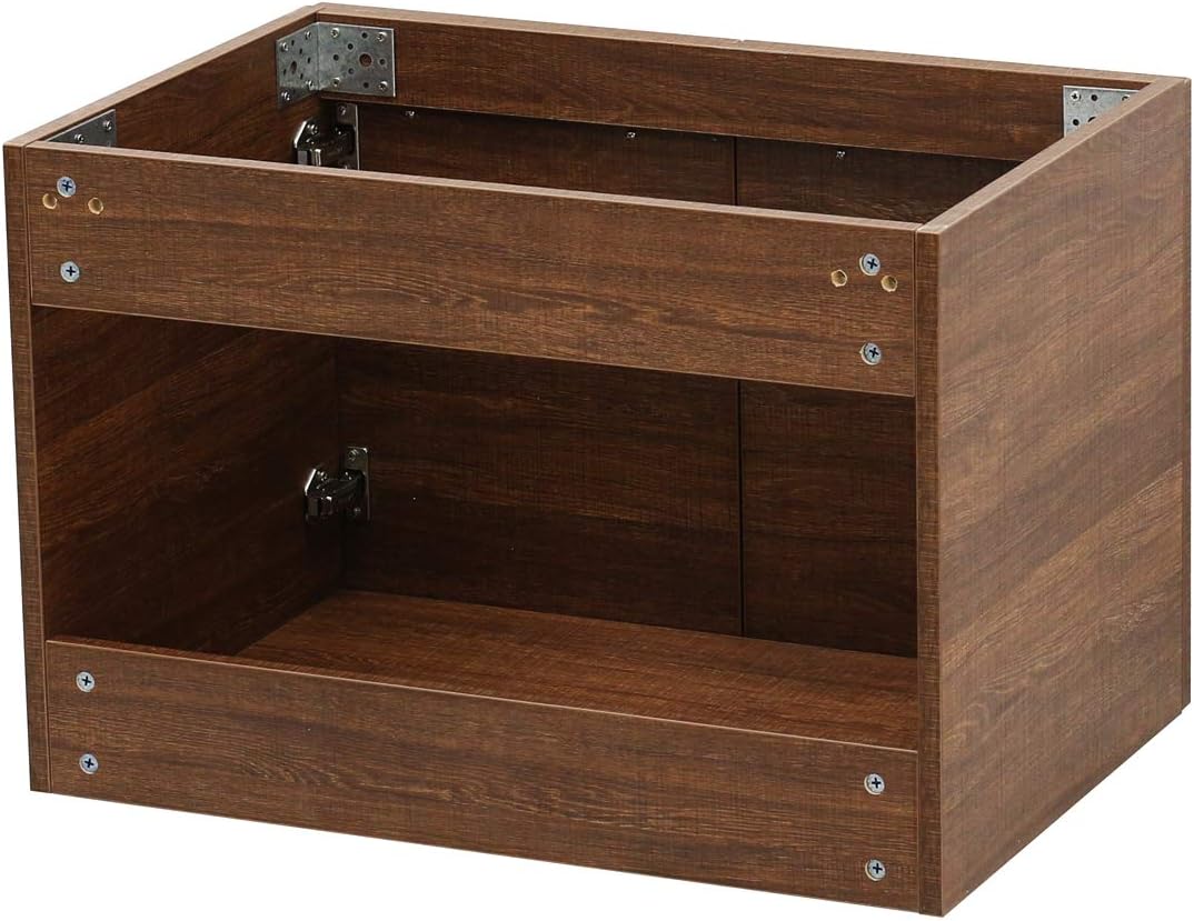 Wall Mount Floating Bathroom Vanity Sink Set. Rustic Brown Vanity, White Flat Stone Countertop Ceramic Sink - 24"