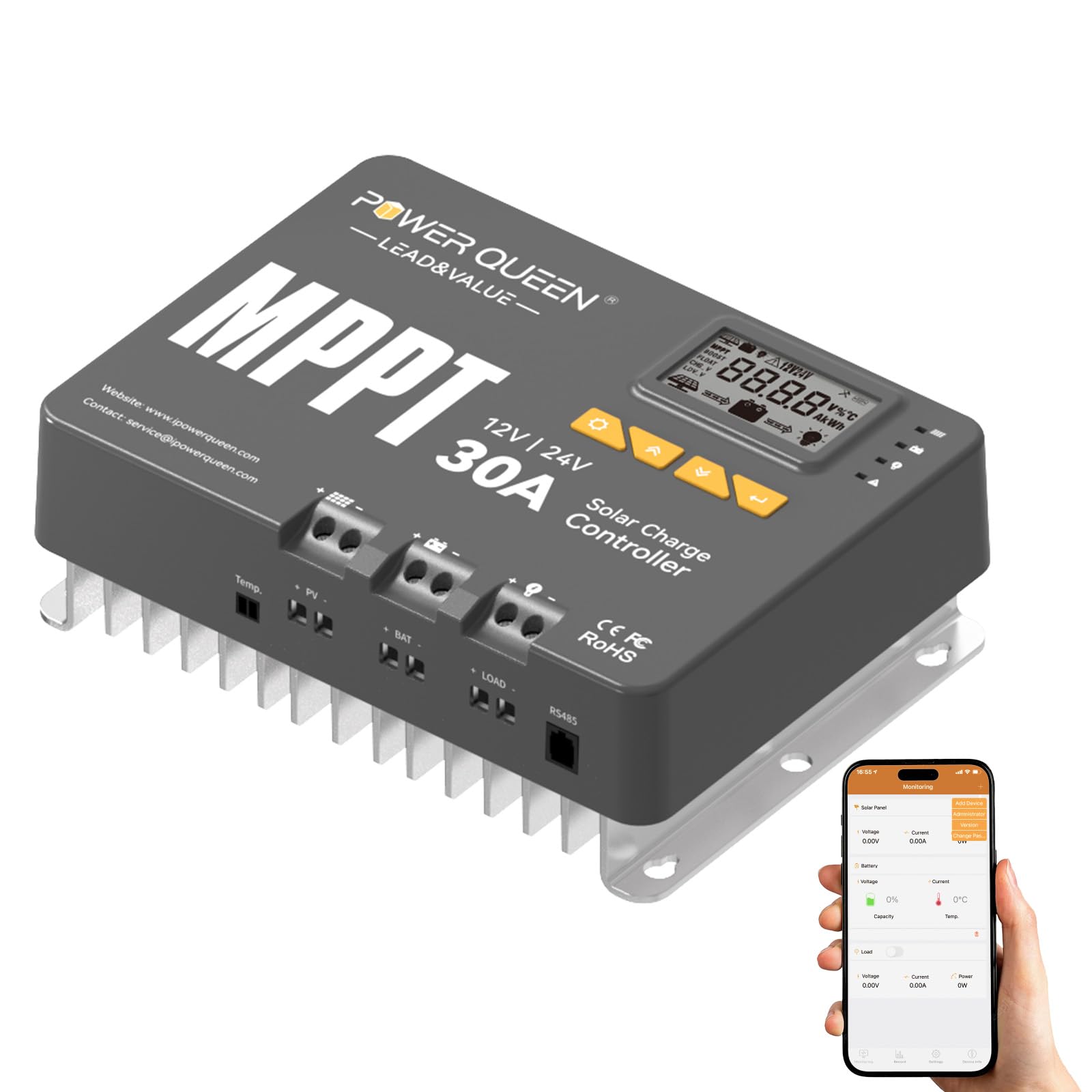 Power Queen 12/24V 30A MPPT Solarladeregler, Max 900W Eingangsleistung, eingebautes Bluetooth Modul, LCD Display, Standard für LiFePO4 Batterie und kompatibel mit versiegelten, Blei-Säure Batterien