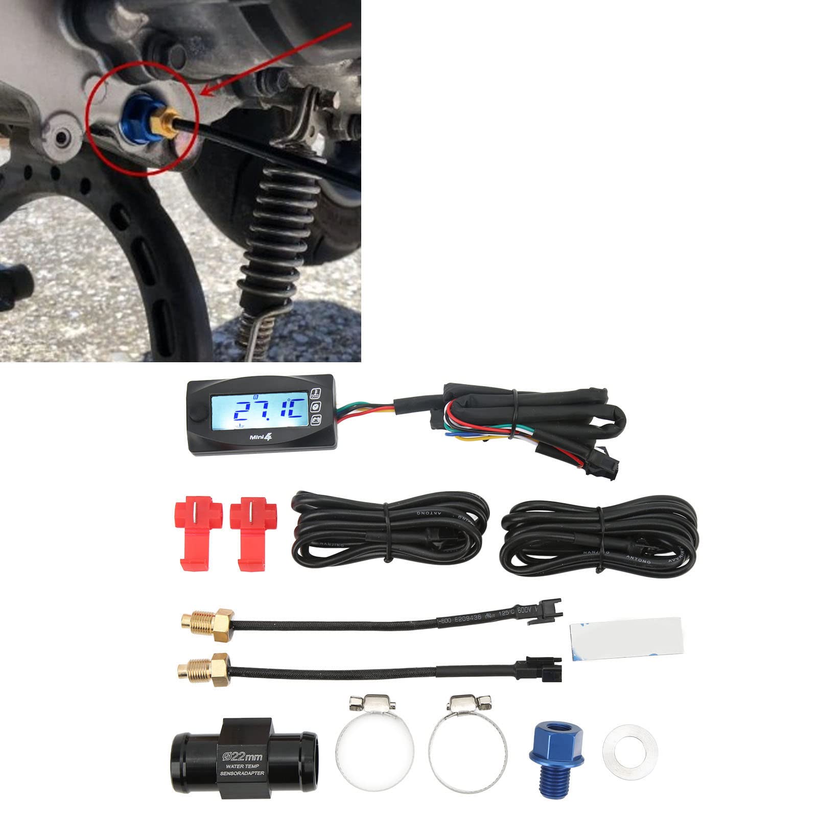 Termometro per Moto, 4 in 1 Indicatore di Tensione Tempo Temperatura Olio Acqua Display Digitale LCD DC12V Universale per Moto (M12*1.5)