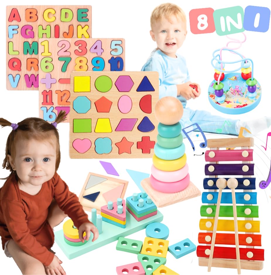 RIVERMUM - Embalagem de 8 brinquedos Montessori de 1 ano e 2, brinquedos de madeira educativos, jogos Montessori estimulação precoce, presente bebé 1 ano e presente para meninos e meninas 2 3 anos (8