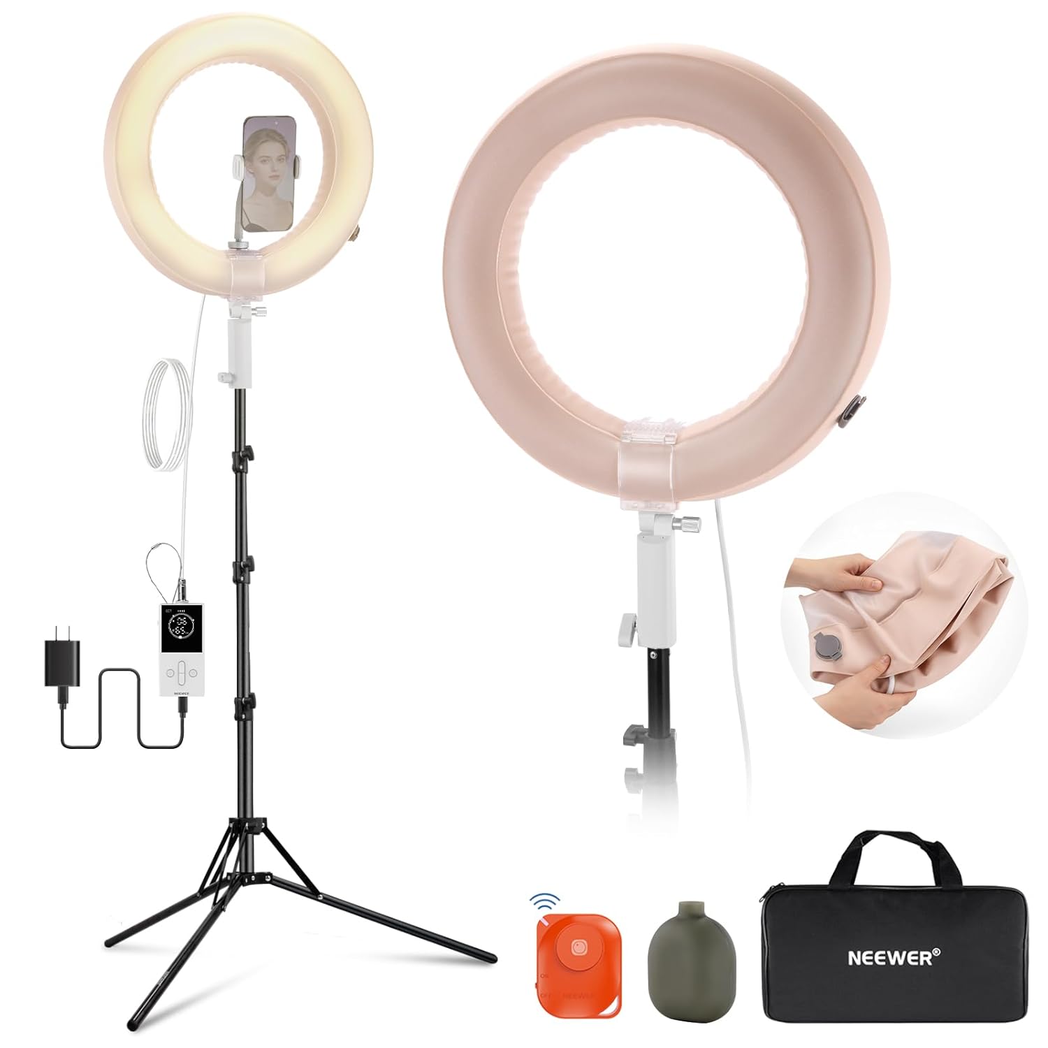 NEEWER 14 Inflatable Large Ring Light with Tripod Stand Phone Holder Remote 35W Portable LED Ringlight 2900-6500K 2400lux