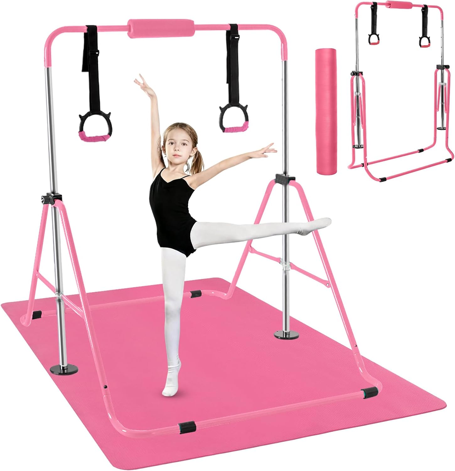 Gymnastics Bar for Kids,Folding Gymnastic Training Kip Bar with Rings,Gymnastics Equipment for Kids,5-Level Adjustable Height Fitness Equipment for Indoor/Outdoor/Home/Training