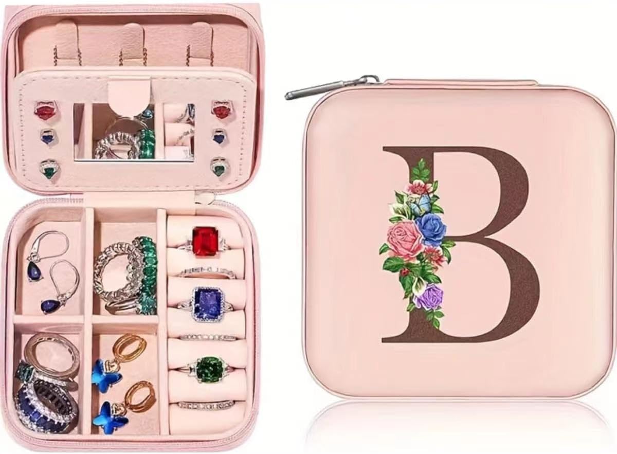 Personalized Jewelry Box - A portable storage box for travel rings, earrings, and necklaces, featuring floral patterns, making it a gift for various holidays such as Christmas (pink4*4*2, B)