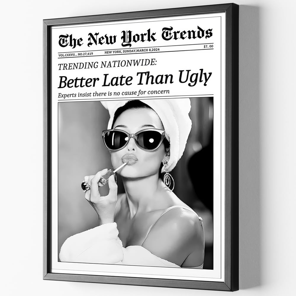 trendy luxury black and white framed wall art newspaper better late than ugly pictures for preppy girly dorm decor-funky fashion feminist canvas prints ready to hang room bedroom